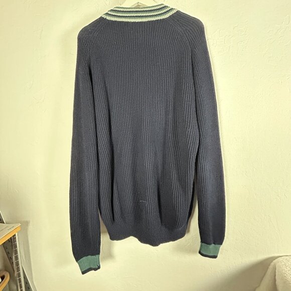 Generra Mens Navy Cardigan Sweater Medium Ramie Cotton V-Neck Stripe Trim Button - Picture 2 of 8